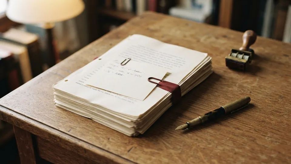 A signed handwritten note clipped to a stack of essay drafts beside a fountain pen