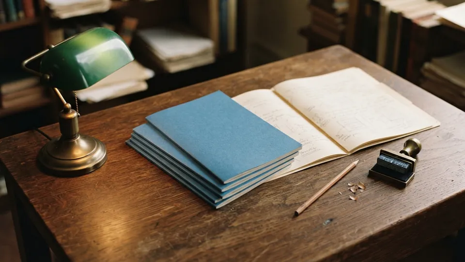 A stack of blue exam booklets beside a folder of marked drafts, a pencil and a lamp on a desk