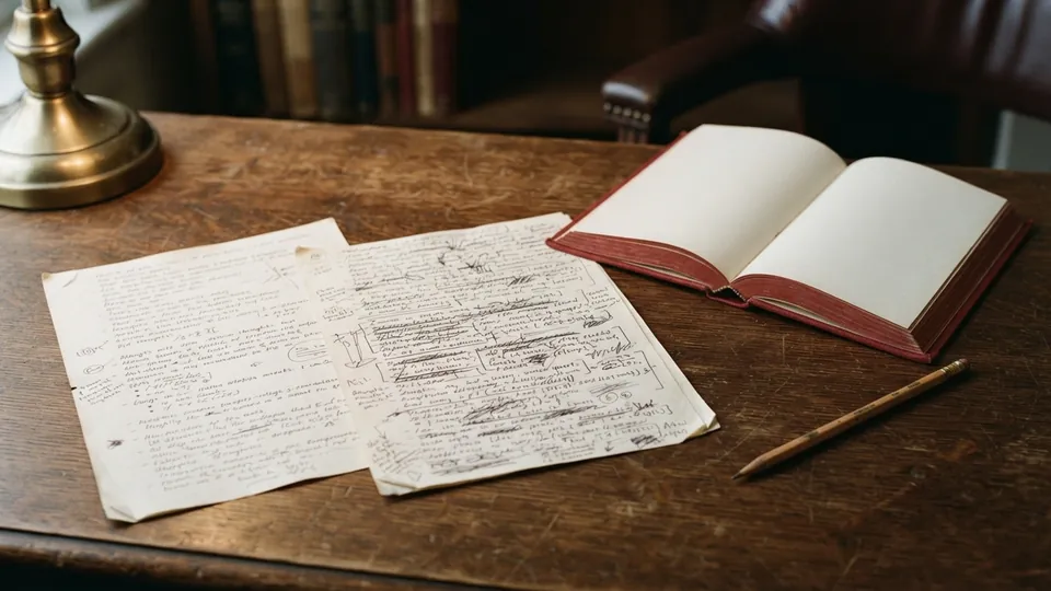 Two handwritten pages side by side on a desk, one heavily annotated, beside an open antique book and a pencil