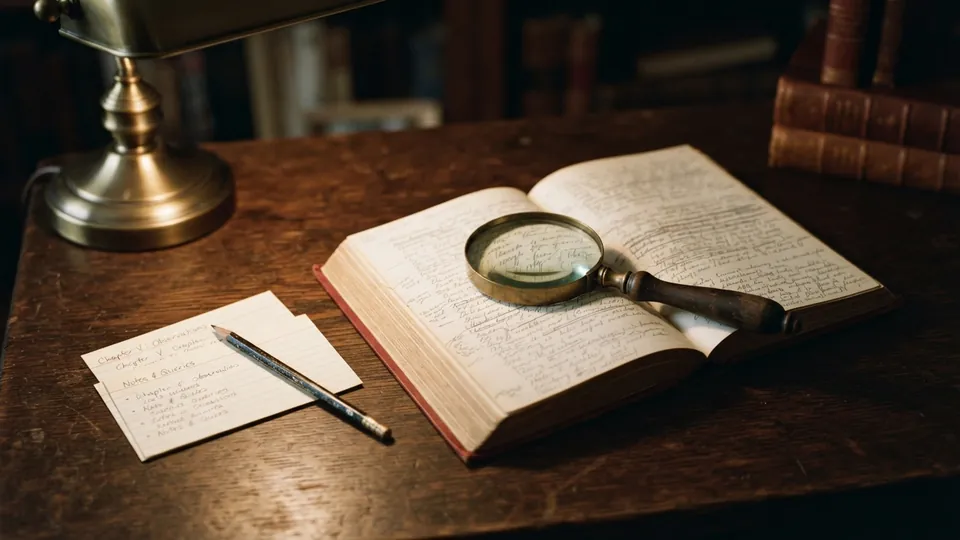 A magnifying glass resting on an annotated page of The Yellow Wallpaper beside a pencil and notes