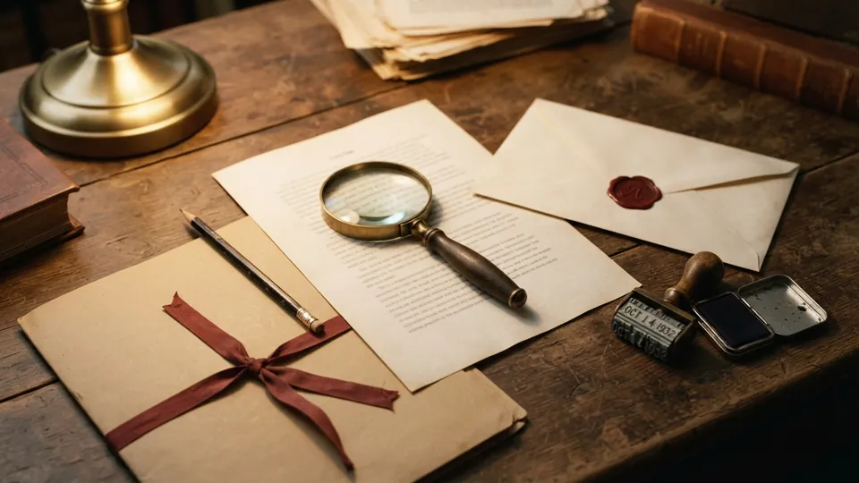 A magnifying glass resting on a printed essay page beside a wax-sealed envelope and a rubber stamp
