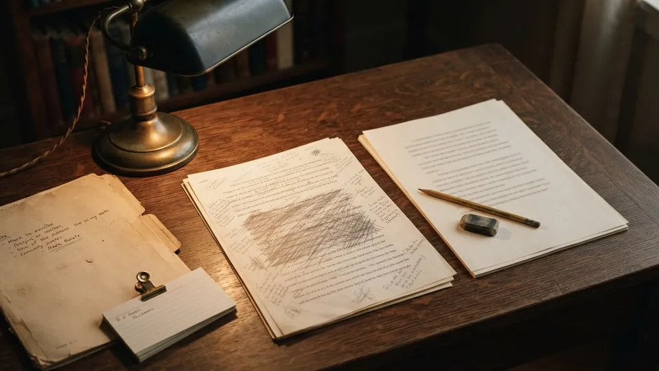 A marked-up essay draft with pencil crossings-out beside a clean retyped page and a folder
