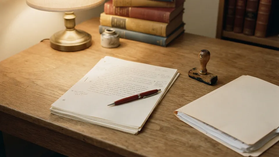 A graded essay with a red pen, a rubber stamp and a folder of policy pages on a desk