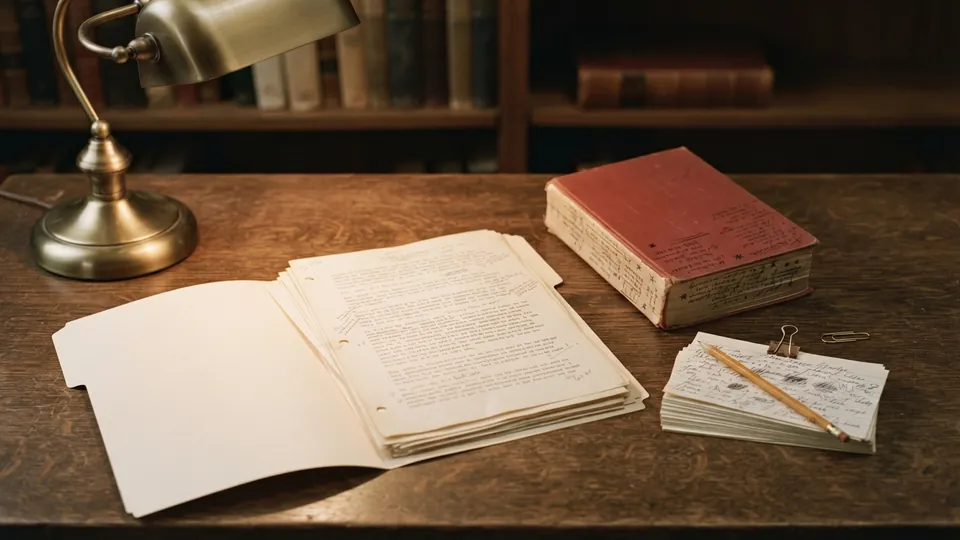 A manila folder of dated essay drafts, an annotated paperback and index cards under a desk lamp