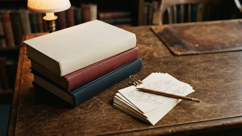 Three style manuals stacked beside index cards and a pencil on a wooden desk