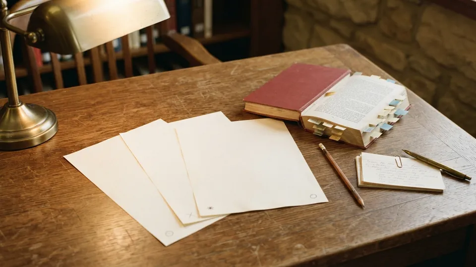 Three dated essay drafts fanned across a desk beside an annotated paperback and a pencil