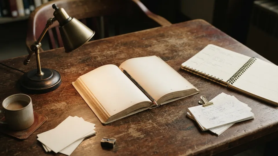 Open paperback of The Odyssey beside a notebook, index cards and a sharpened pencil on a wooden desk