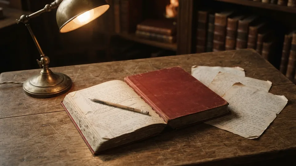 A worn clothbound book open on a desk with pencil underlining, draft pages fanned beside it under a brass lamp