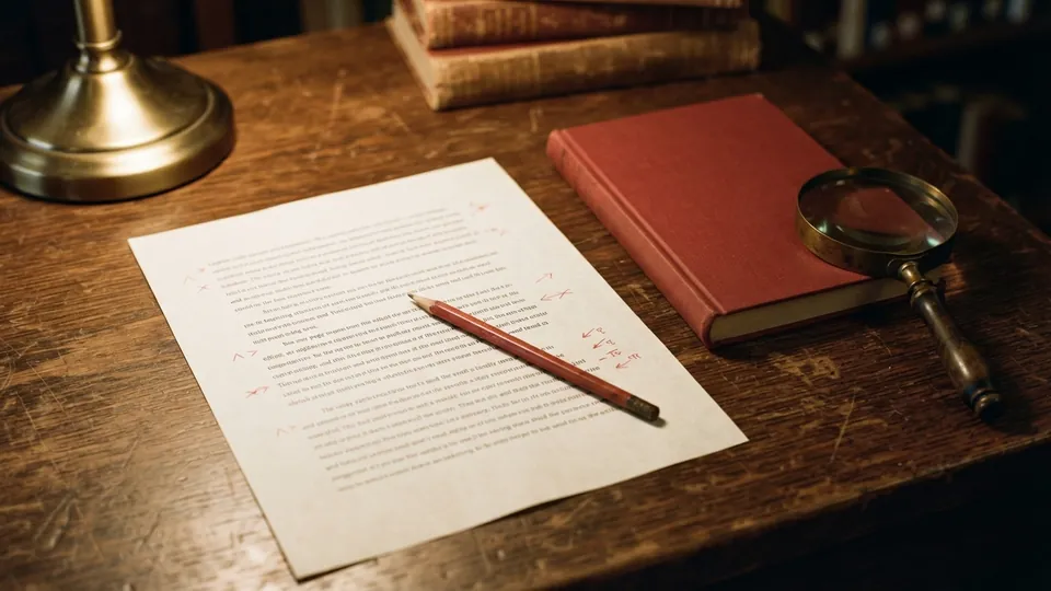 A red pencil resting on a typed essay page marked with small proofreading corrections