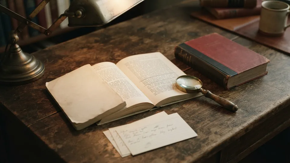 An open copy of Macbeth with a passage underlined in pencil beside a thesaurus and index cards