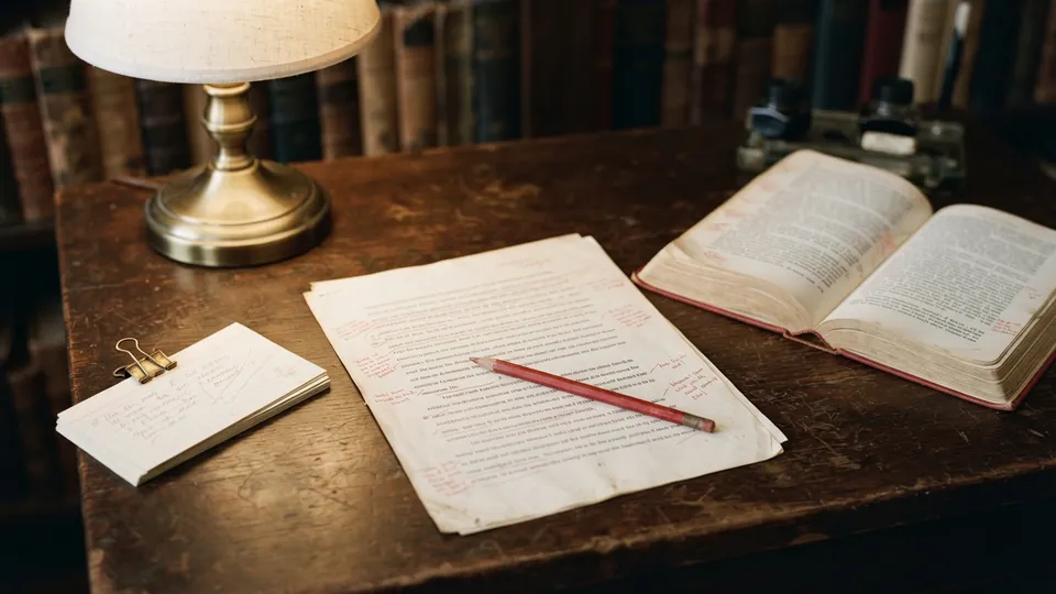 A red pencil resting on a marked-up essay page beside an open Shakespeare paperback and a stack of index cards
