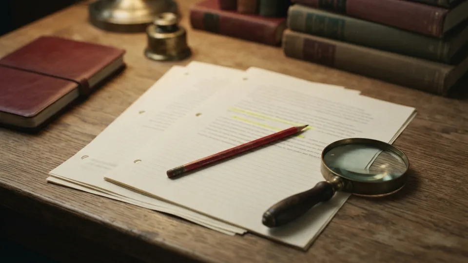 A printed essay with several sentences highlighted in yellow beside a red pencil and a magnifying glass