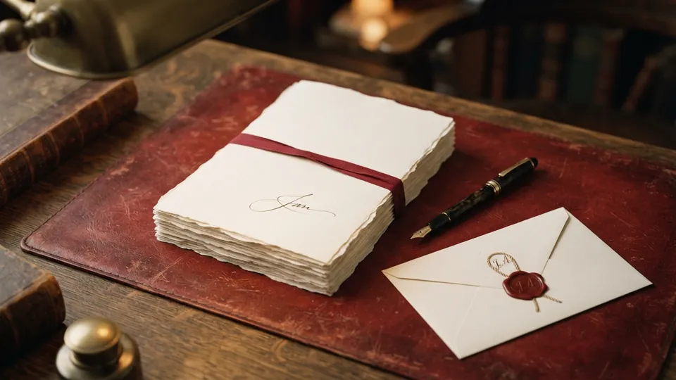 A signed cover sheet on a stack of numbered drafts with a fountain pen and a wax-sealed envelope
