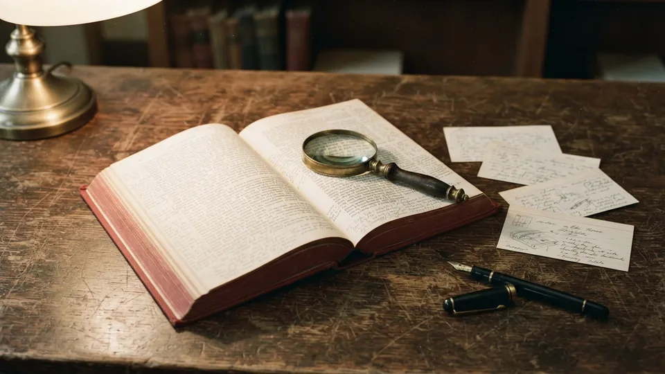 An annotated copy of Hamlet open on a desk beside a magnifying glass, loose index cards, and a fountain pen