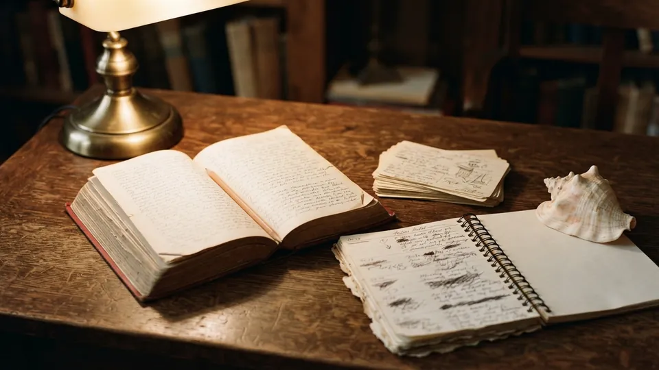 A worn paperback novel open beside a pencil, index cards and a spiral notebook on a wooden desk