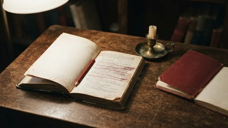 An open Shakespeare paperback with underlined lines beside a red pencil, a candle stub, and a folded notebook