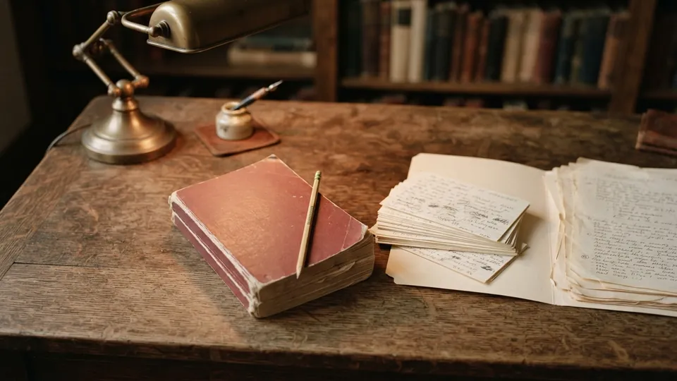 A paperback novel with a pencil in its pages beside index cards and a folder on a wooden desk