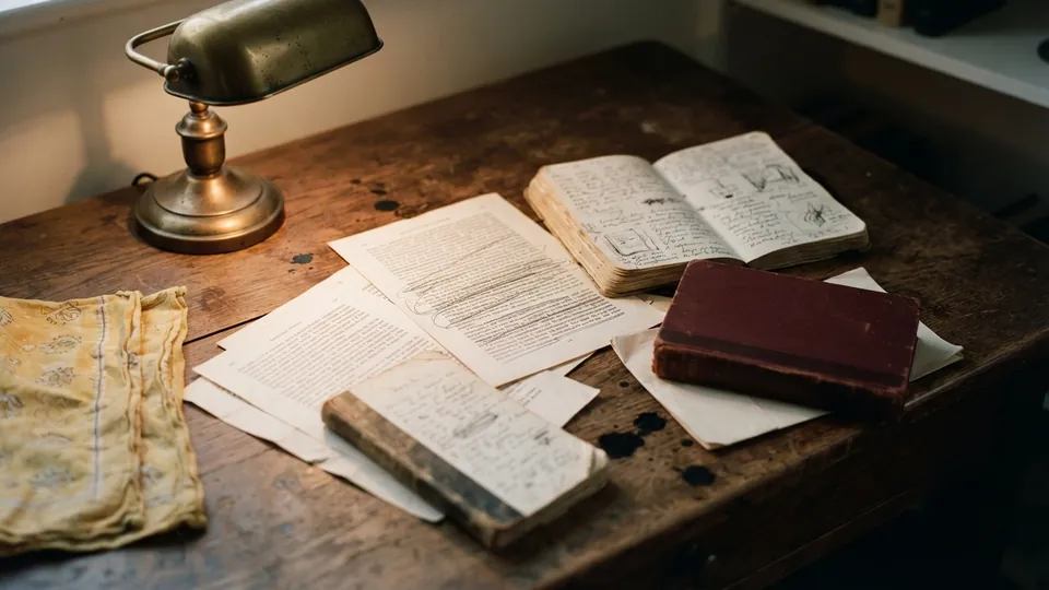 A printed short story with pencil underlining beside a notebook and folded pages on a desk by a lamp