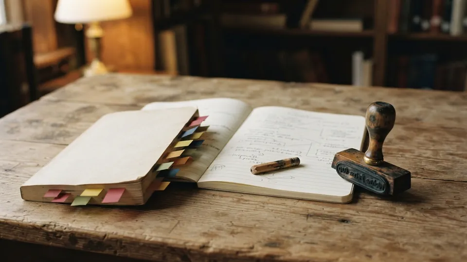 A paperback novel bristling with sticky notes beside a notebook, a pencil, and a rubber stamp on a farmhouse table